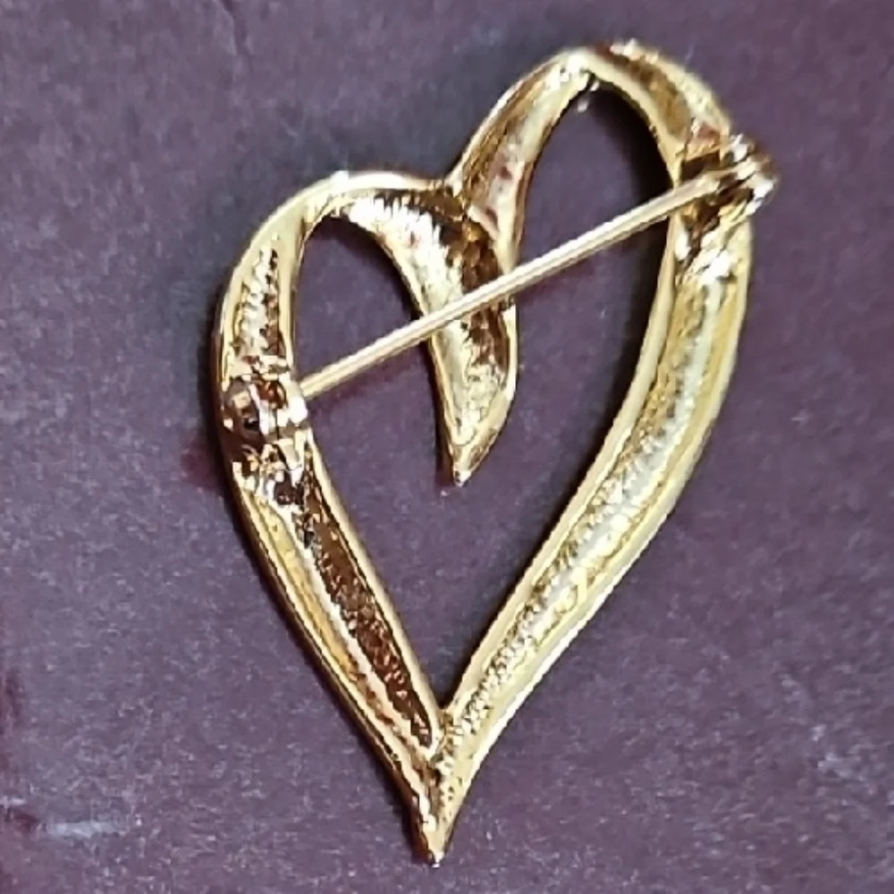 Gold Tone Heart Brooch with Crystal Accents